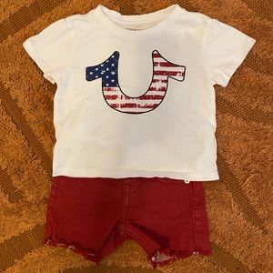 True Religion- 12 month, red jean shorts with matching t shirt